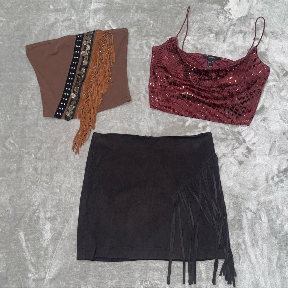 Forever 21 Mini Skirt Fringe Sequin Cowl Top Bundle 3 Piece Set Size S